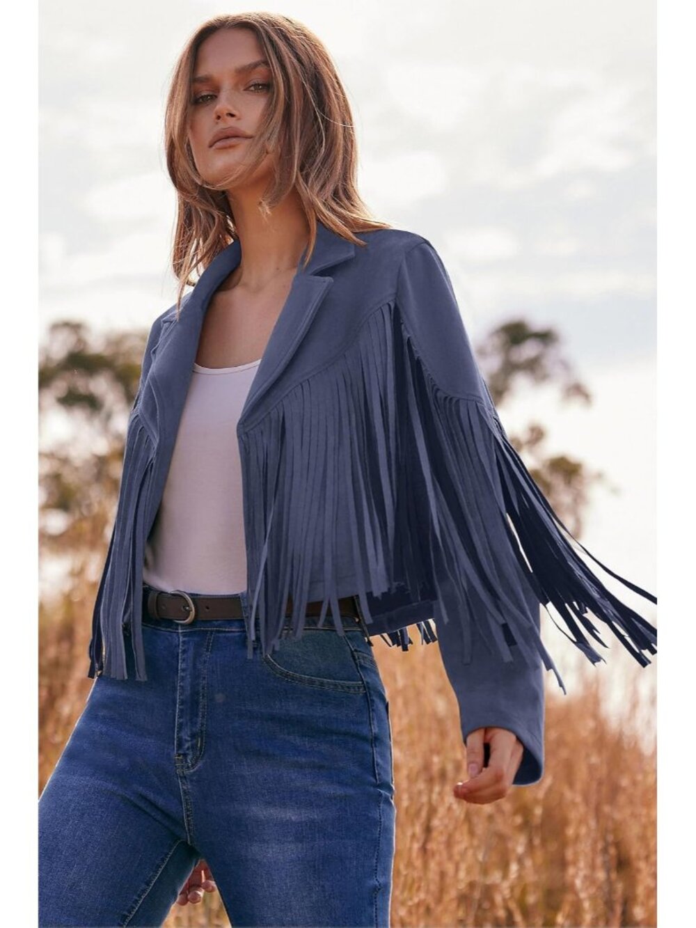 〽️Haze Blue Women's Fringe Faux Suede Cropped Western Moto Jacket - Picture 3 of 6